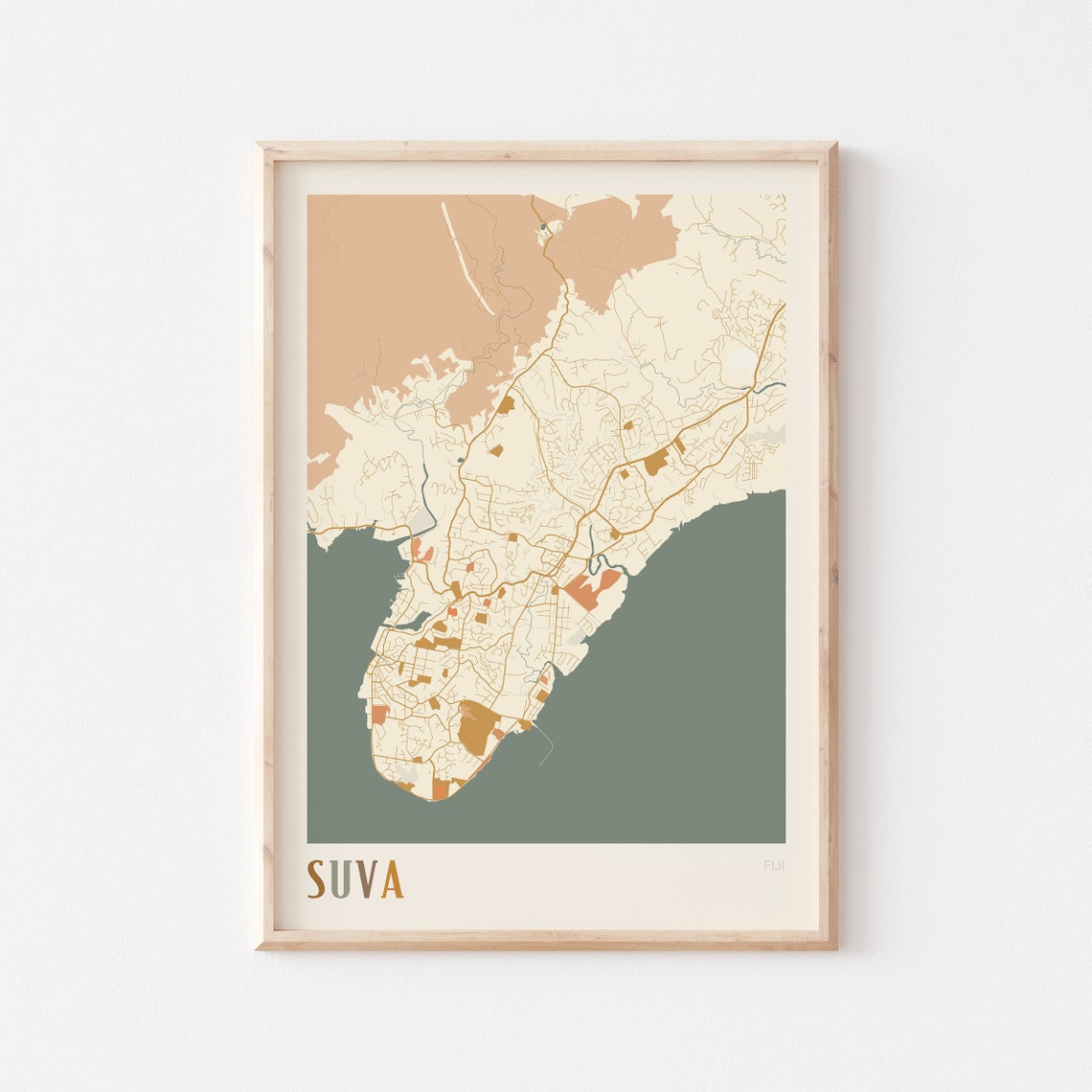 Suva Fiji Retro City Map Poster Pacific Capital Harbour Coastline