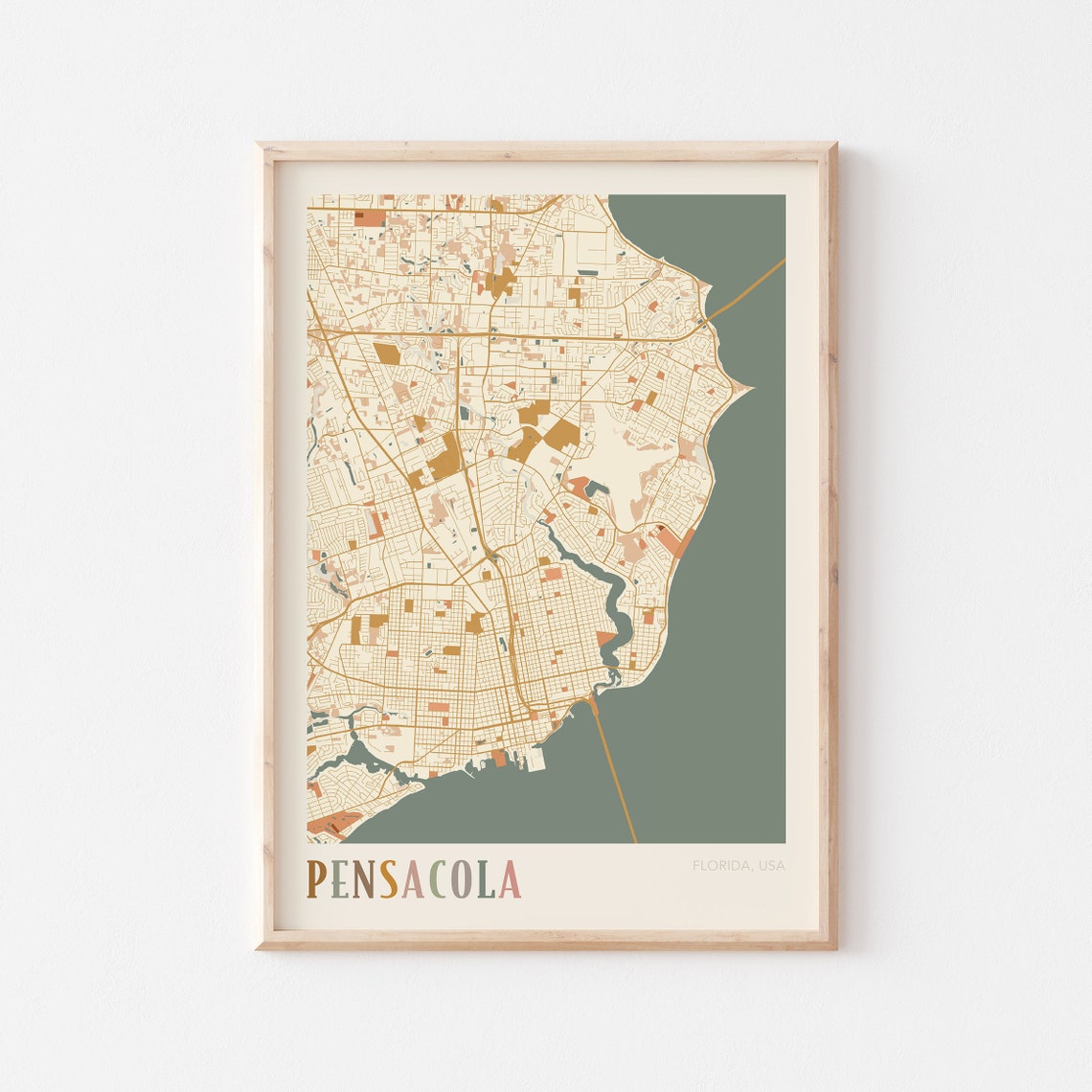 Pensacola Florida City Map Poster Warm Retro Street Map Home Decor