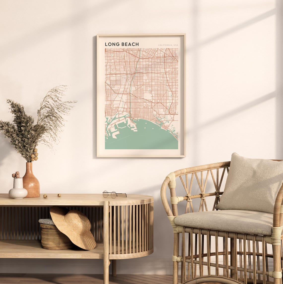 Long Beach California Minimalist Street Map Poster in Blush and Sage - Image 2