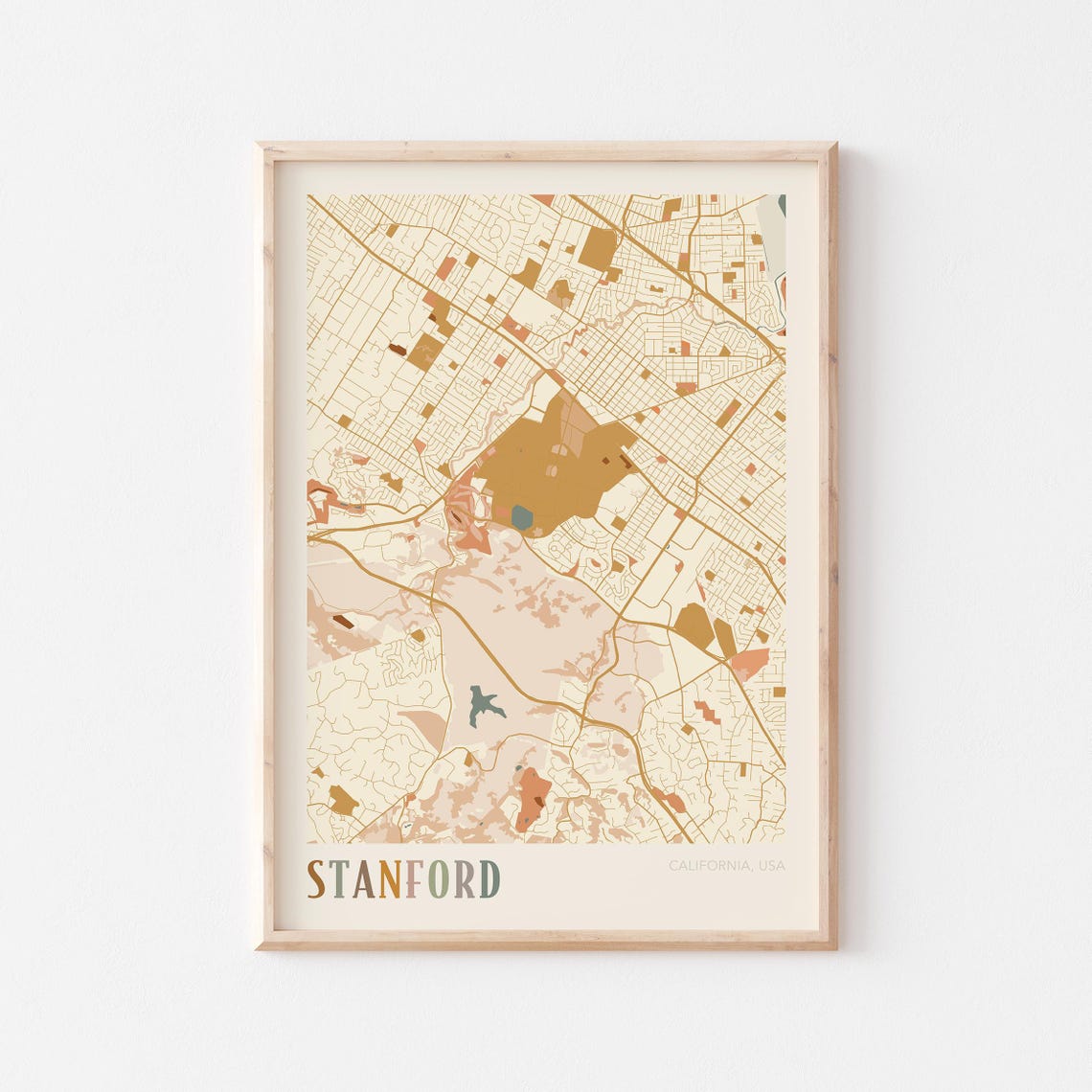 Stanford California Warm Tones City Map Poster for Living Room Decor