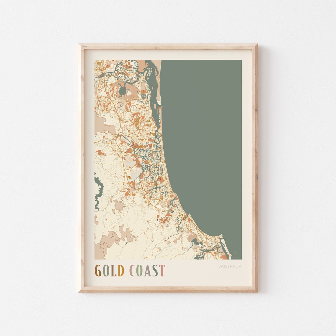 Gold Coast Australia Retro City Map Poster with Long Beach Coastline