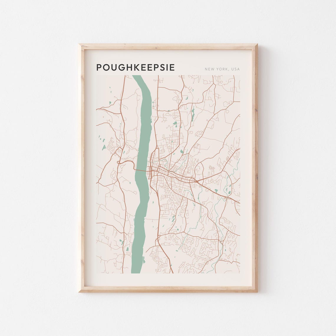 Poughkeepsie New York USA Modern Beige Minimal City Street Map Poster