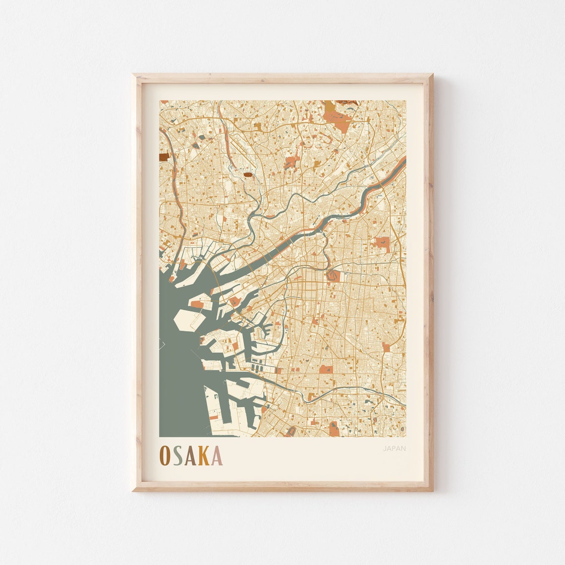 Osaka Japan Minimalist Street Map Poster in Boho Neutral Tones