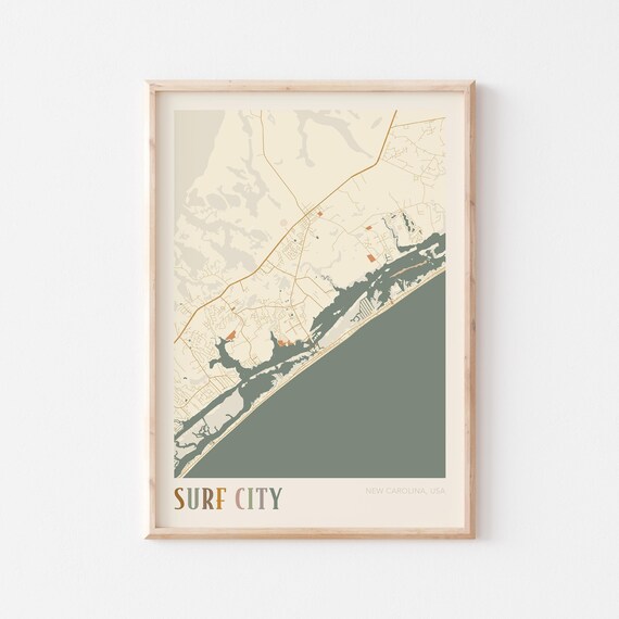 Surf City North Carolina Vintage Beach Town Boho Street Map Poster