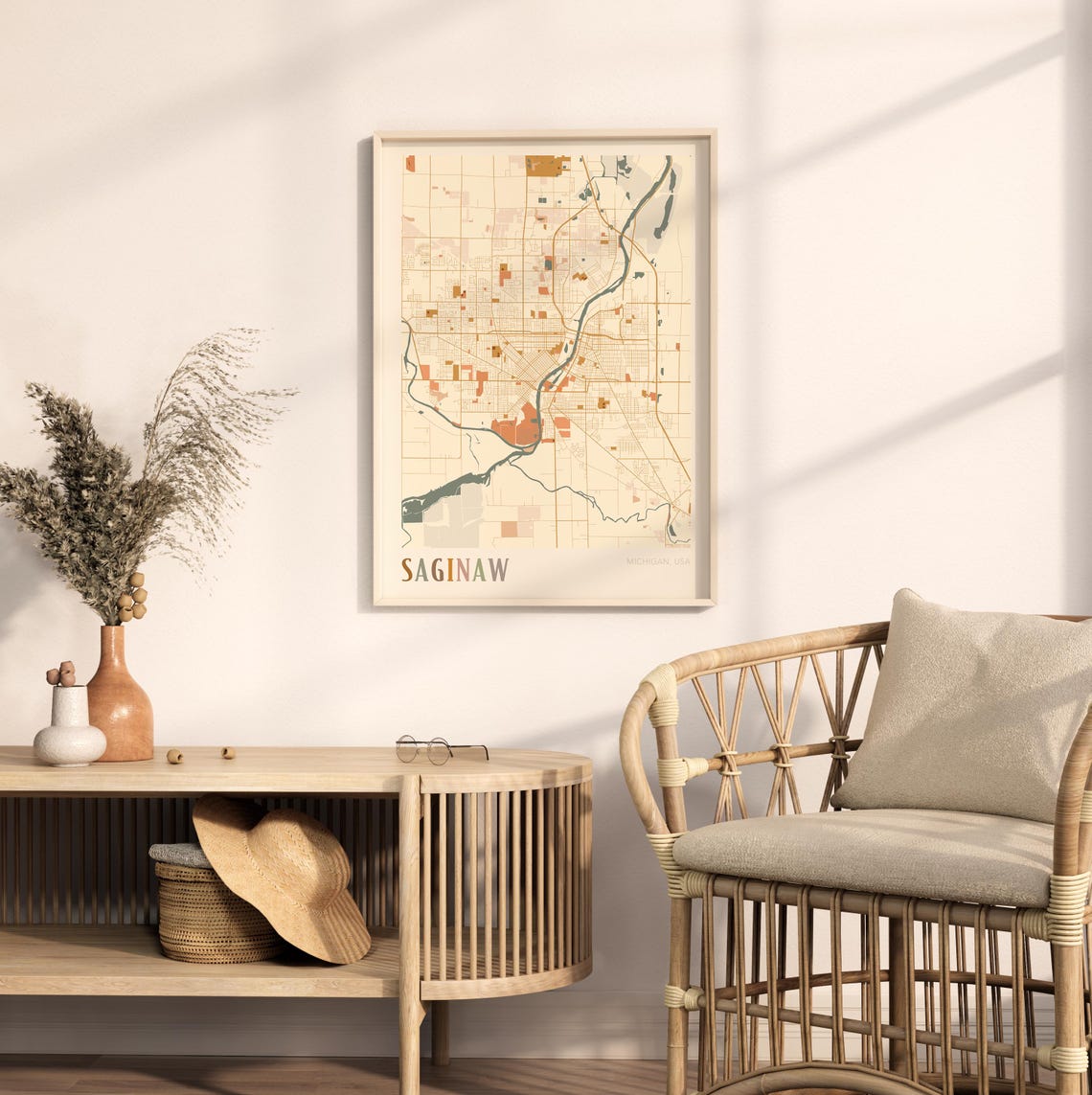 Saginaw Michigan Retro Warm Earth Tone Vintage City Street Map Poster - Image 2