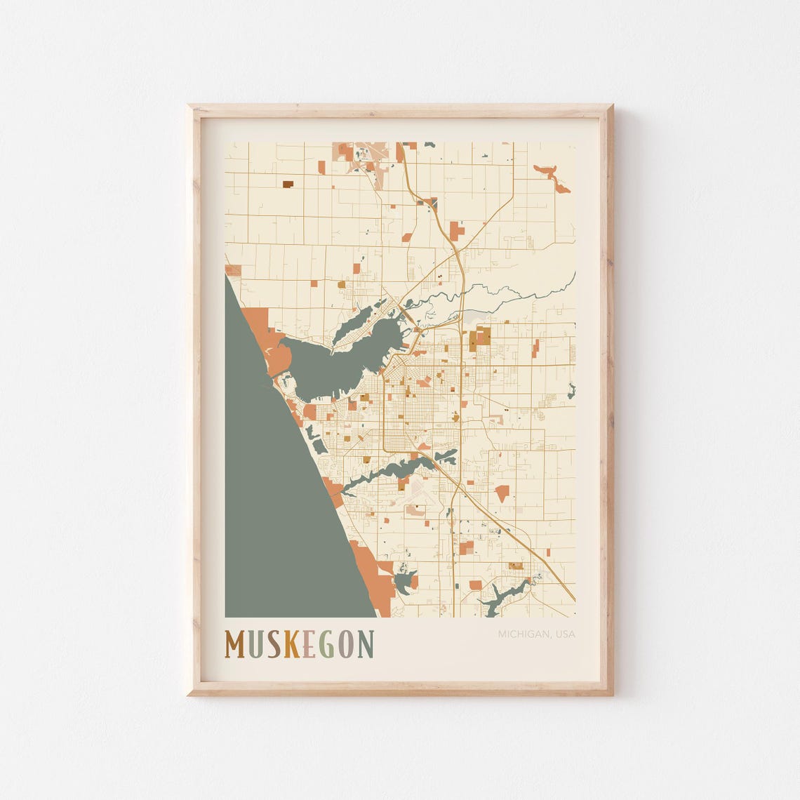Muskegon Michigan USA Earthy Retro Minimalist City Map Poster