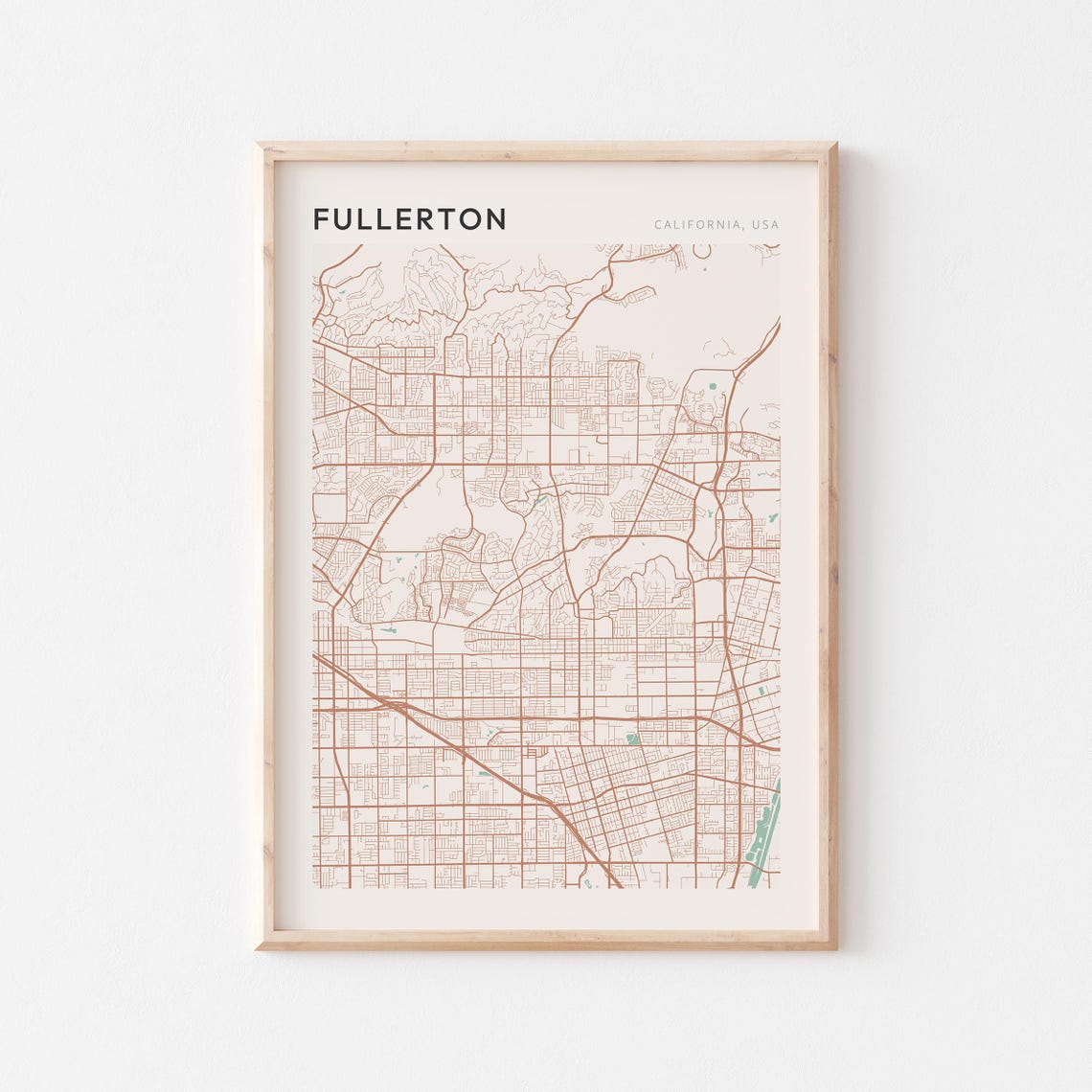 Fullerton California Minimalist Street Map Poster in Blush and Sage