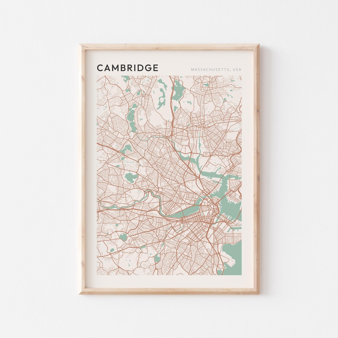 Cambridge Massachusetts USA Soft Sage Minimalist Modern Street Map Poster
