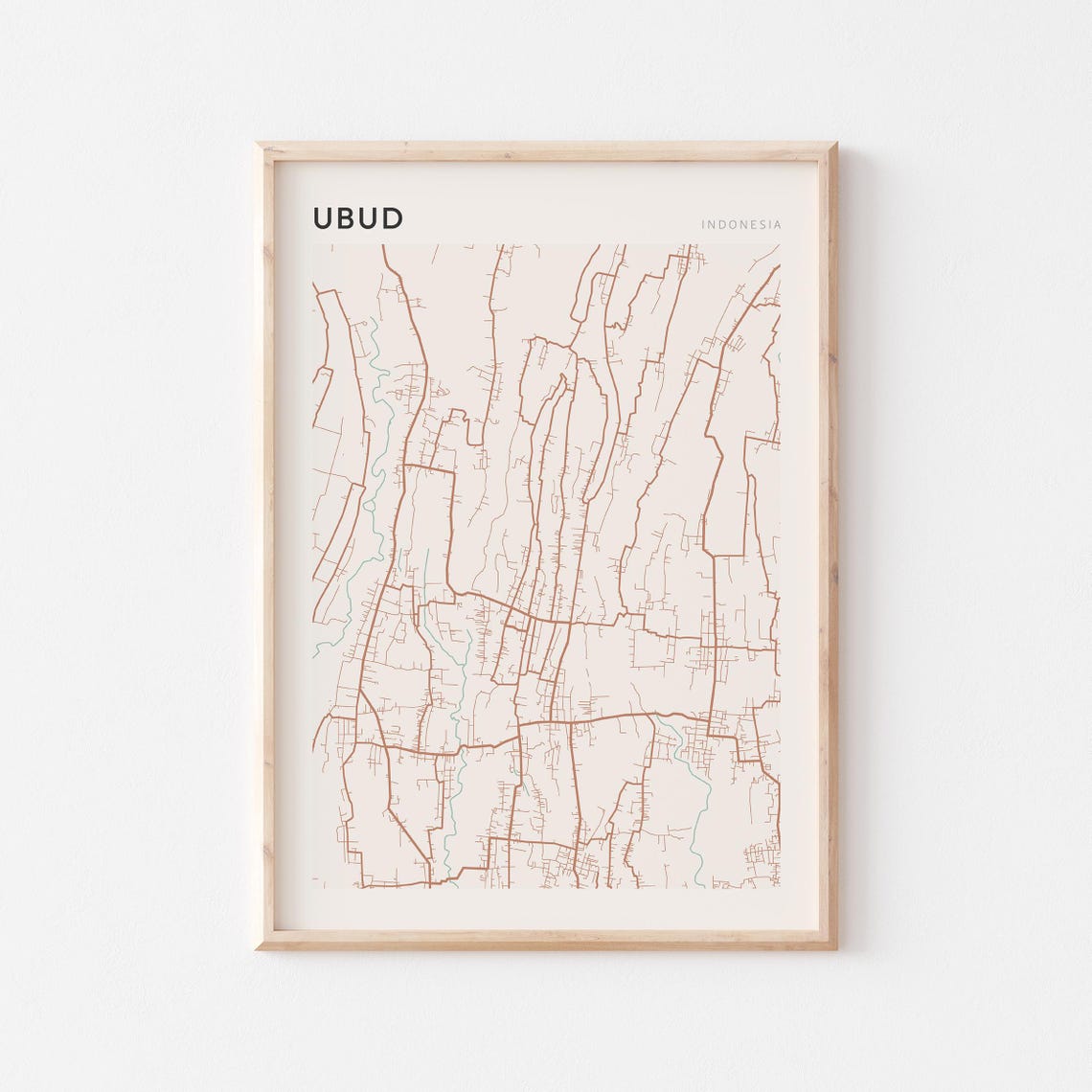Ubud Indonesia Map Scandi Minimalist Beige Street Plan Travel Poster