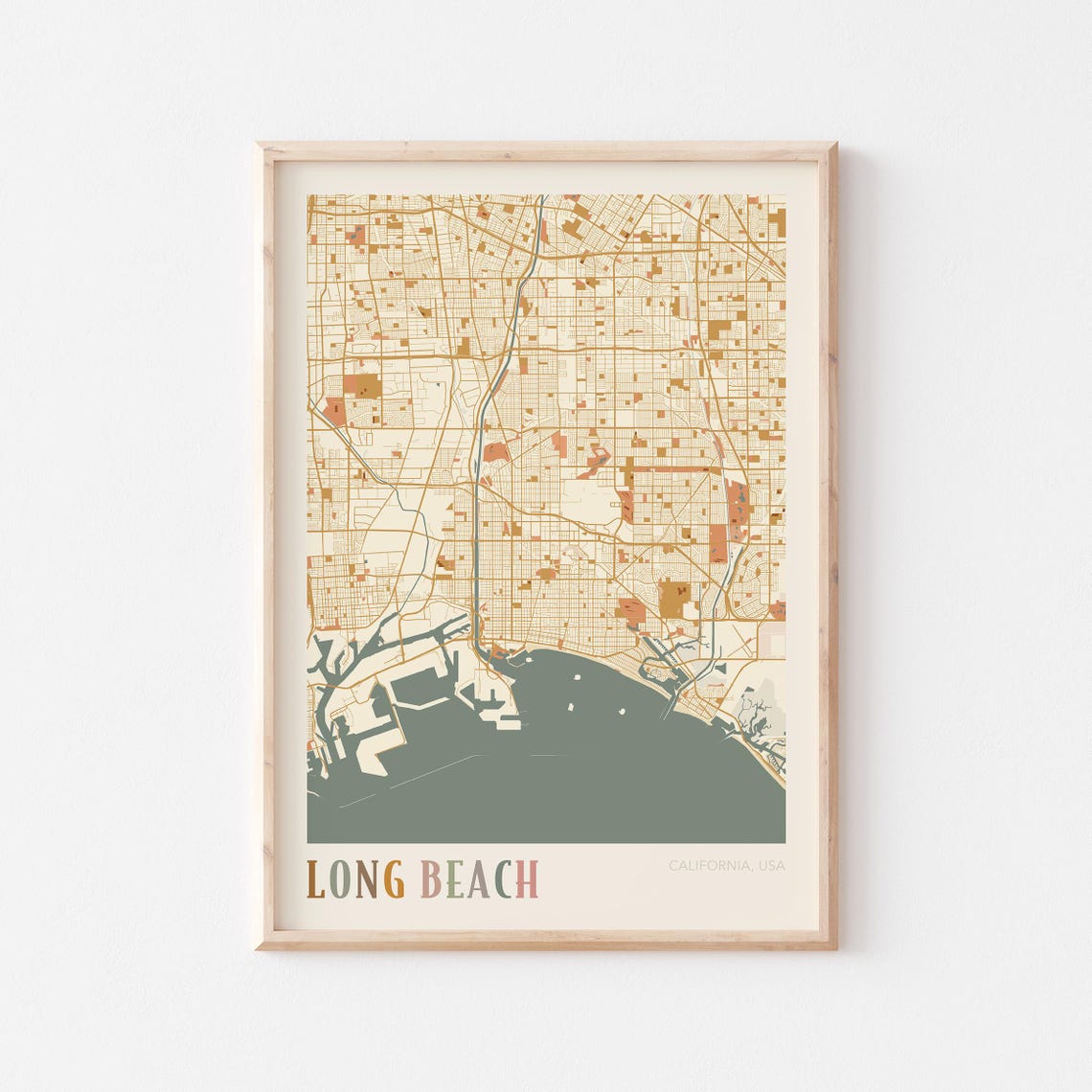 Long Beach California Warm Earth Tone City Street Map Art Decor Poster