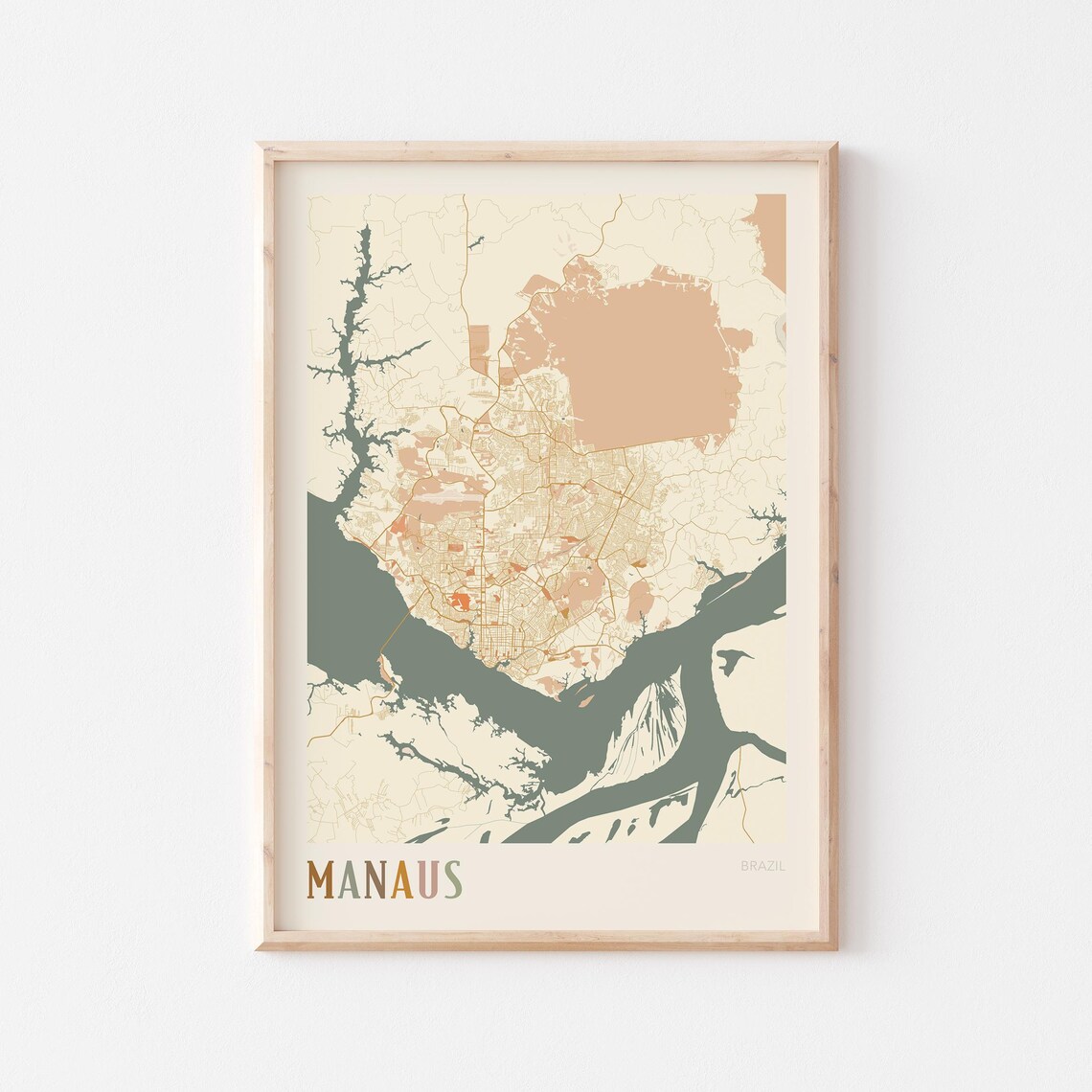 Manaus Brazil City Street Map Poster Minimalist Beige Boho Travel Decor
