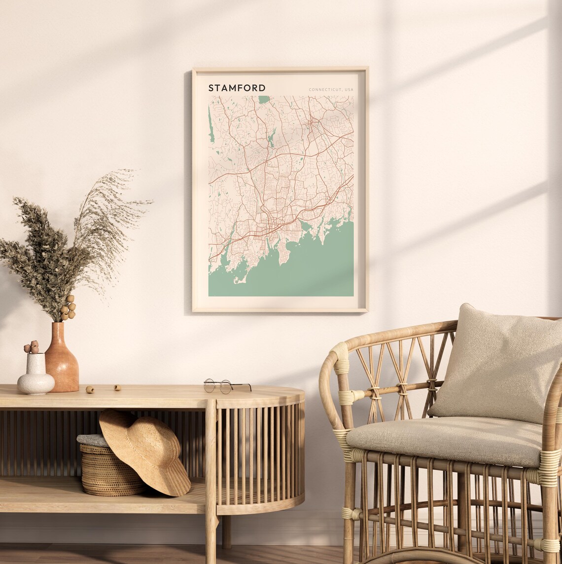 Stamford Connecticut Minimalist Coastal City Map Poster Boho Wall Decor - Image 2