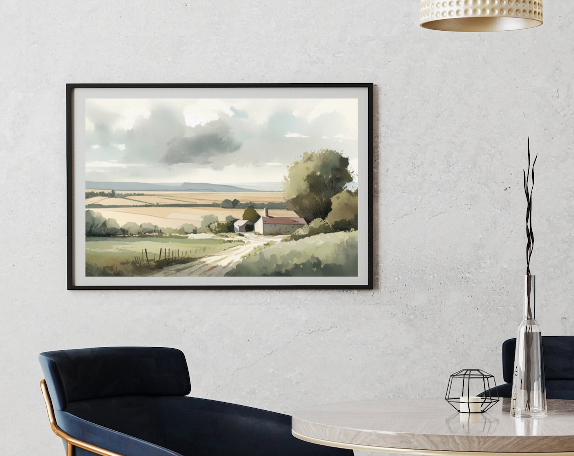 Country Farm Dirt Road Watercolor Barns Fields Landscape Poster