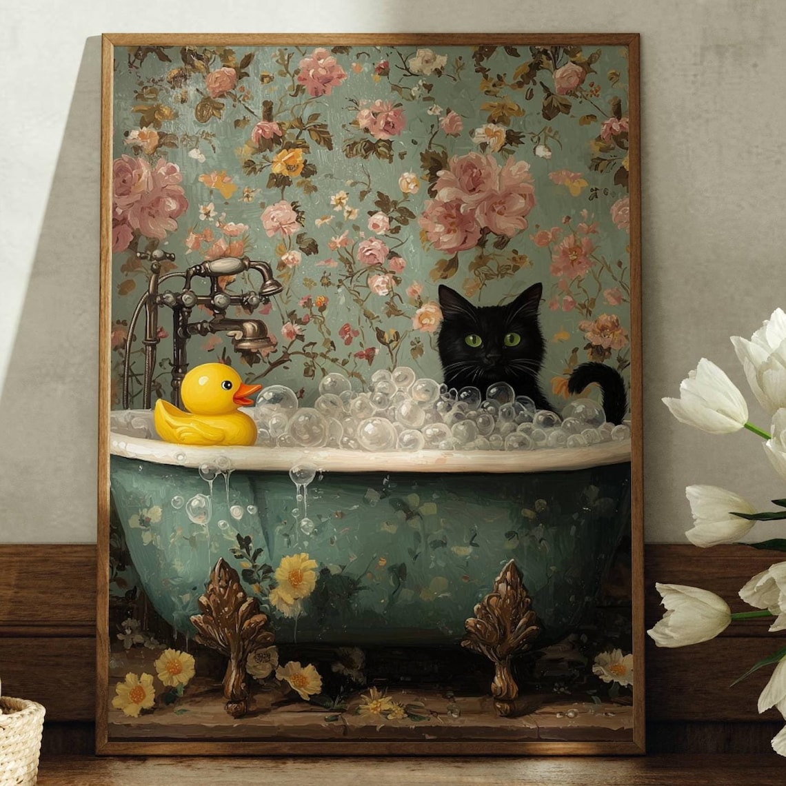 Black Cat and Rubber Duck Bubble Bath Art Print