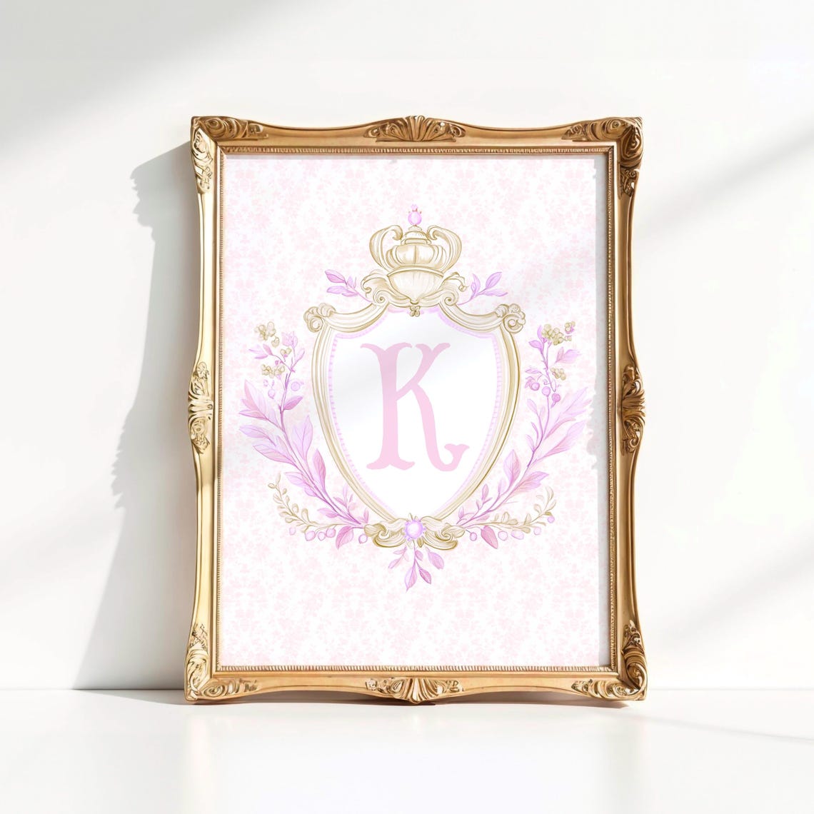 Initial K Pink Crest Coquette Floral Monogram Nursery Poster - Image 3