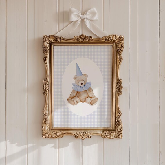 Sweet Blue Birthday Bear Party Hat Gingham Nursery Art Print