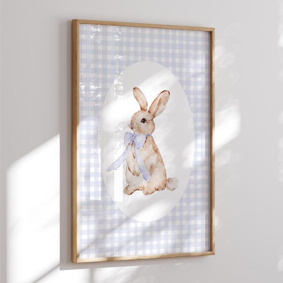 Cute Blue Gingham Bunny With Ribbon Watercolor Nursery Art Print