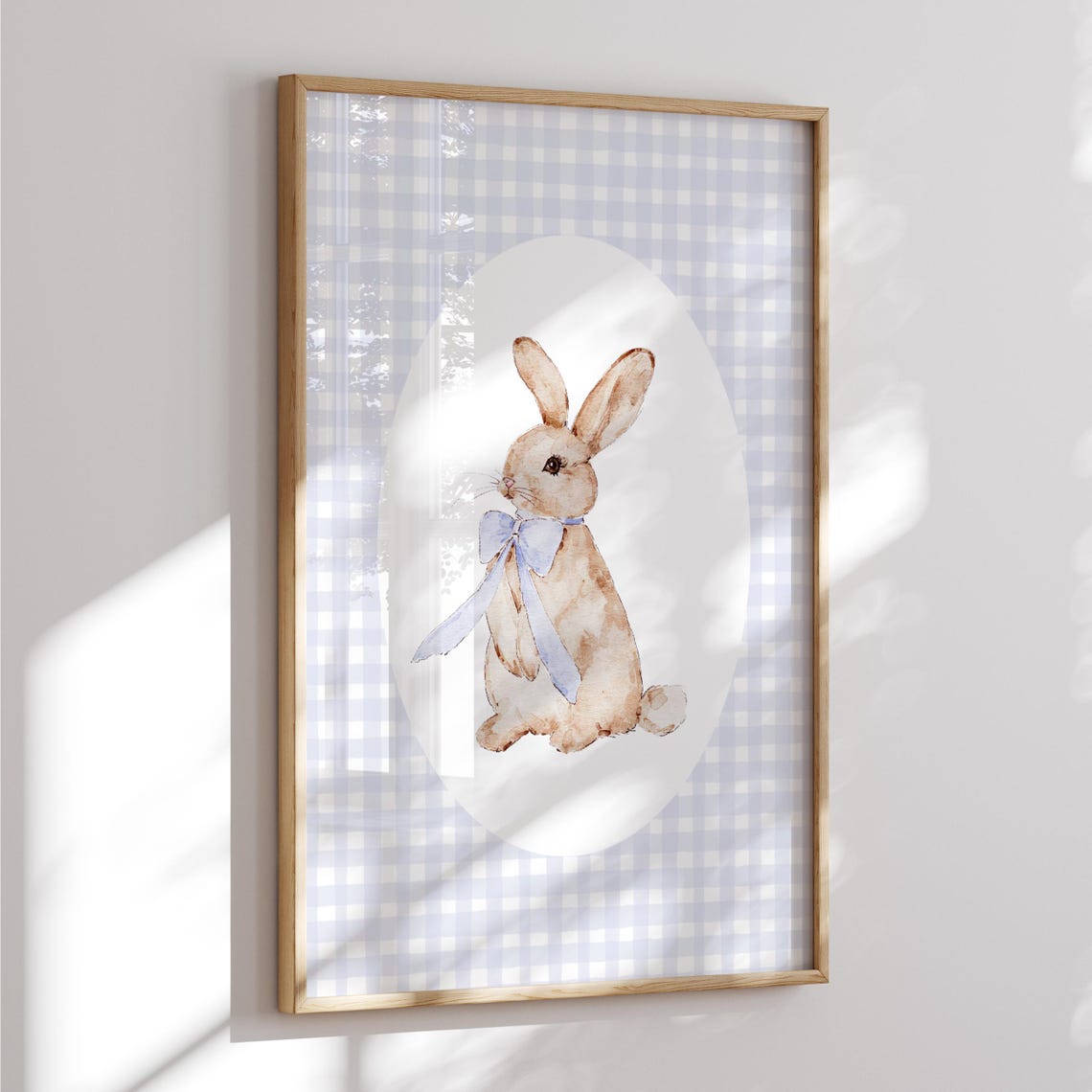 Cute Blue Gingham Bunny With Ribbon Watercolor Nursery Art Print