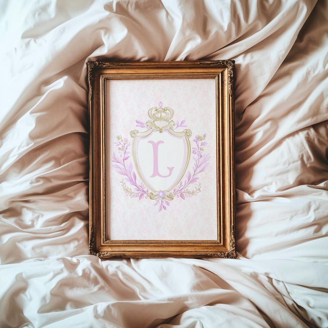 Pink Letter L Initial Monogram Crown Crest Floral Nursery Art Print