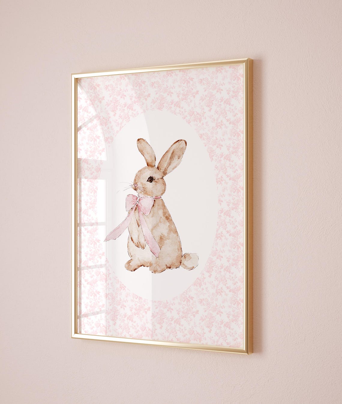 Sweet Delicate Watercolor Bunny Floral Pink Bow Nursery Art Print - Image 4