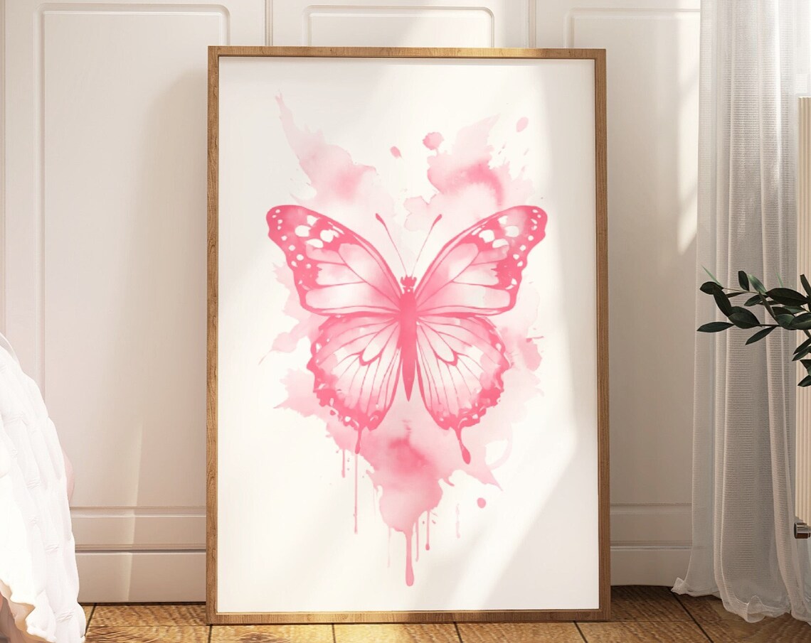 Cute Pink Watercolor Butterfly Painting Trendy Botanical Poster