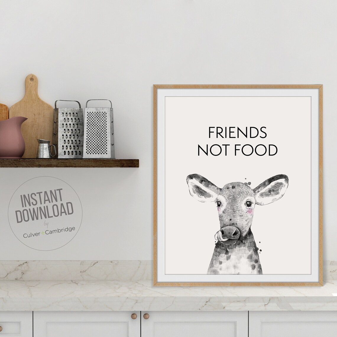 Vegan Art Friends Not Food Vegan Print Vegan Wall Art Vegan Wall Decor Vegan Poster Cow Art Calf Art - Image 3