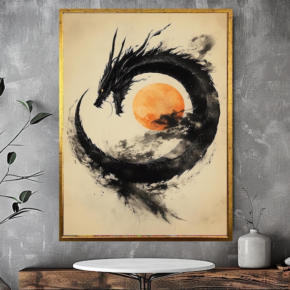 Black Ink Dragon Circling Orange Sun Sumi-e Asian Brush Art Poster