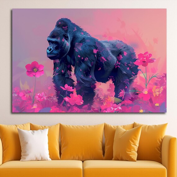 Majestic Gorilla Standing In Neon Pink Wildflower Field Animal Art Poster