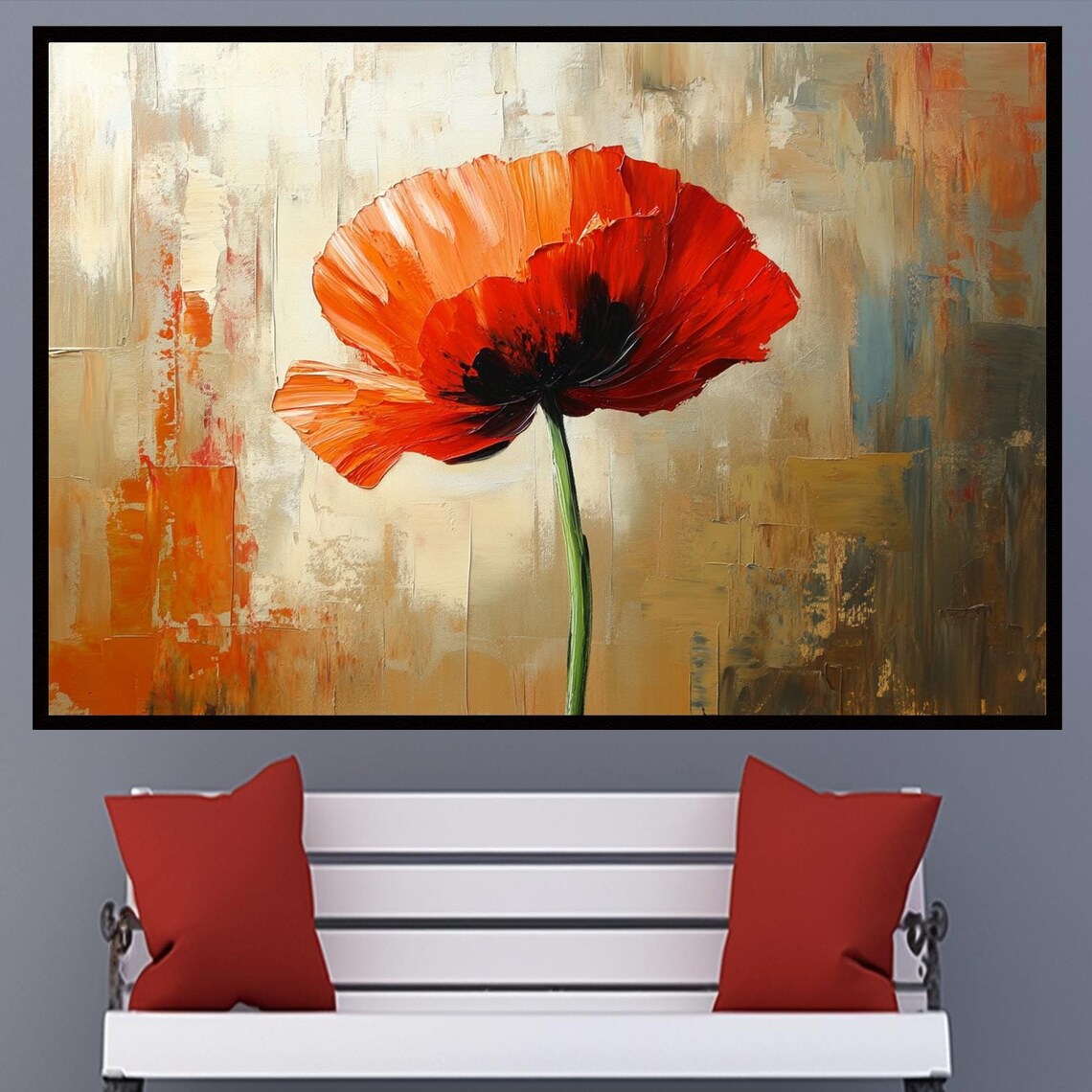 Red Poppy Flower Oil Painting, Modern Floral Art