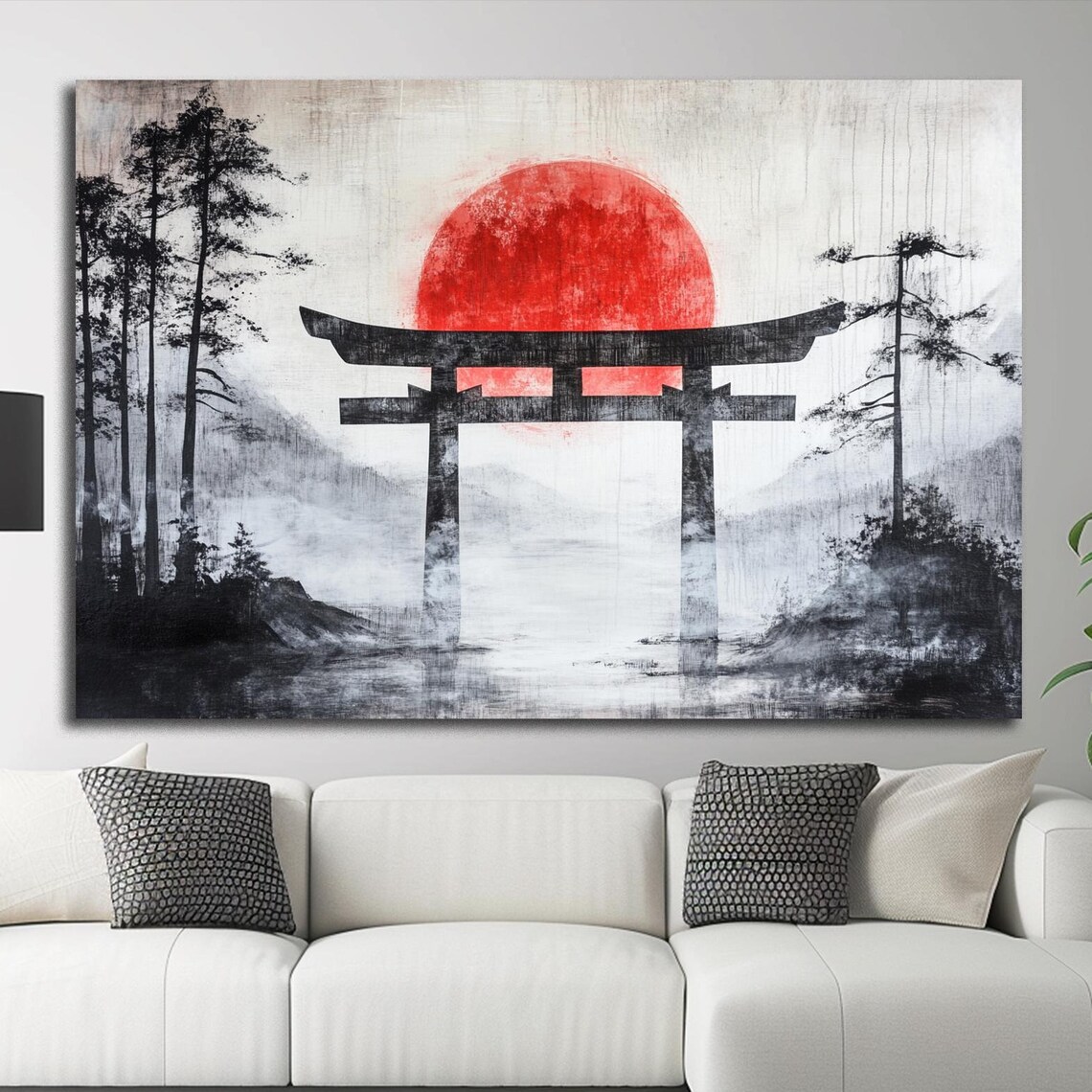 Black Torii Gate Red Sun Misty Lake Japanese Ink Landscape Poster