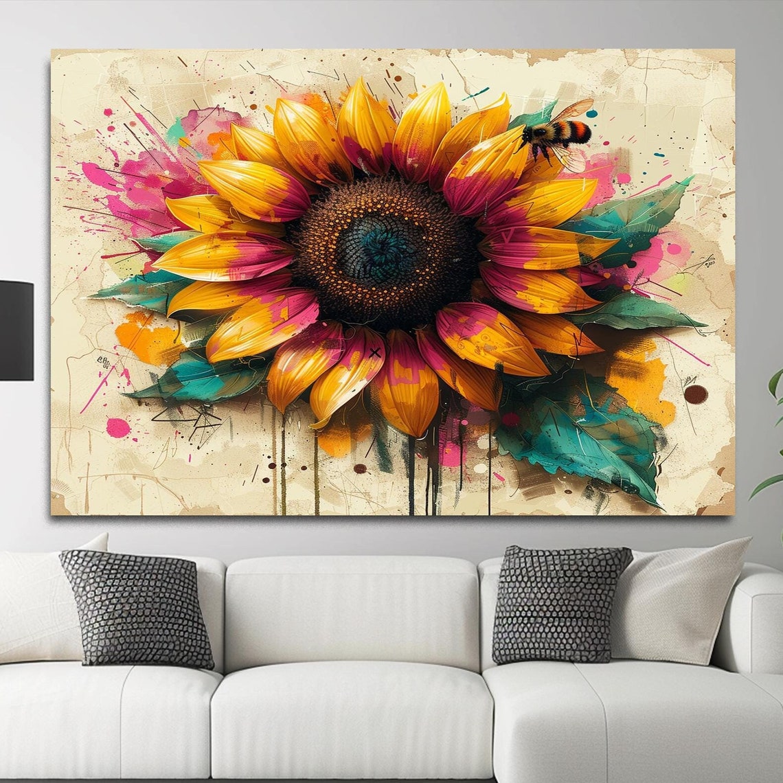 Colorful Sunflower with Bee Botanical Splash Art Floral Poster