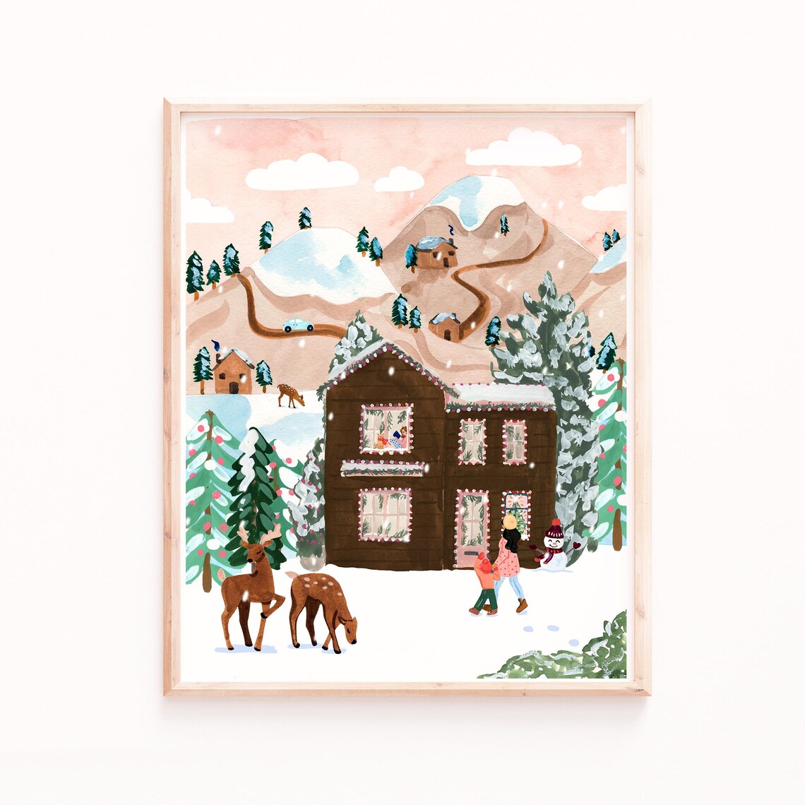 Winter Village Holiday House Art Print, Cozy Christmas