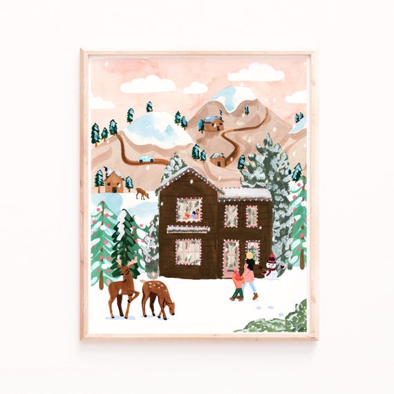 Winter Village Holiday House Art Print, Cozy Christmas