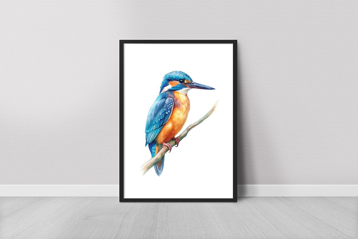 Common Kingfisher Watercolor Painting on Branch Vibrant Bird Poster