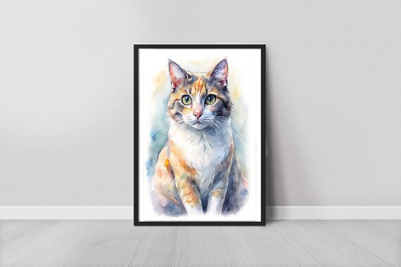 Calico Cat Watercolor Portrait Art Print Cute Cat Lover Wall Decor