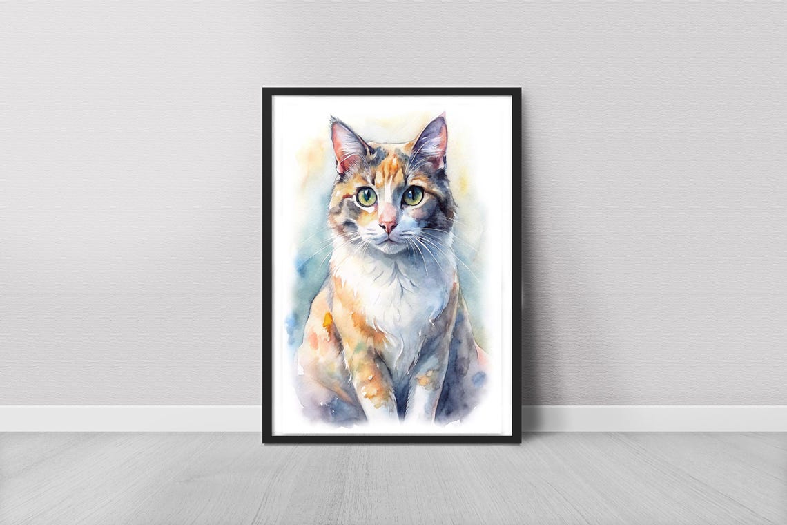 Calico Cat Watercolor Portrait Art Print Cute Cat Lover Wall Decor