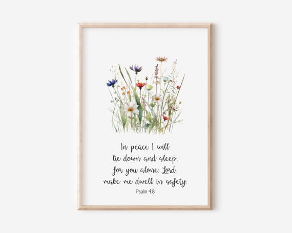Psalm 48 In Peace I Will Lie Down And Sleep Bible Verse Wall Art Scripture Print Christian Nursery Decor Watercolor Wildflowers 8x10