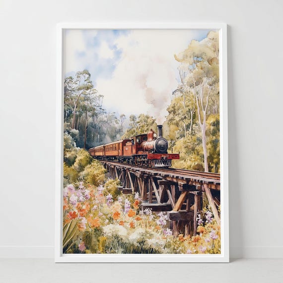 Puffing Billy Print Poster Australia Wall Art Travel Gift Vintage Train Railway Painting Decor Canvas Housewarming