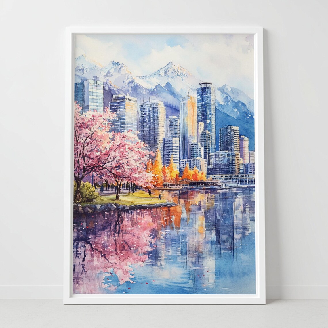 Vancouver Canada Cherry Blossom Skyline Mountain Watercolor Poster