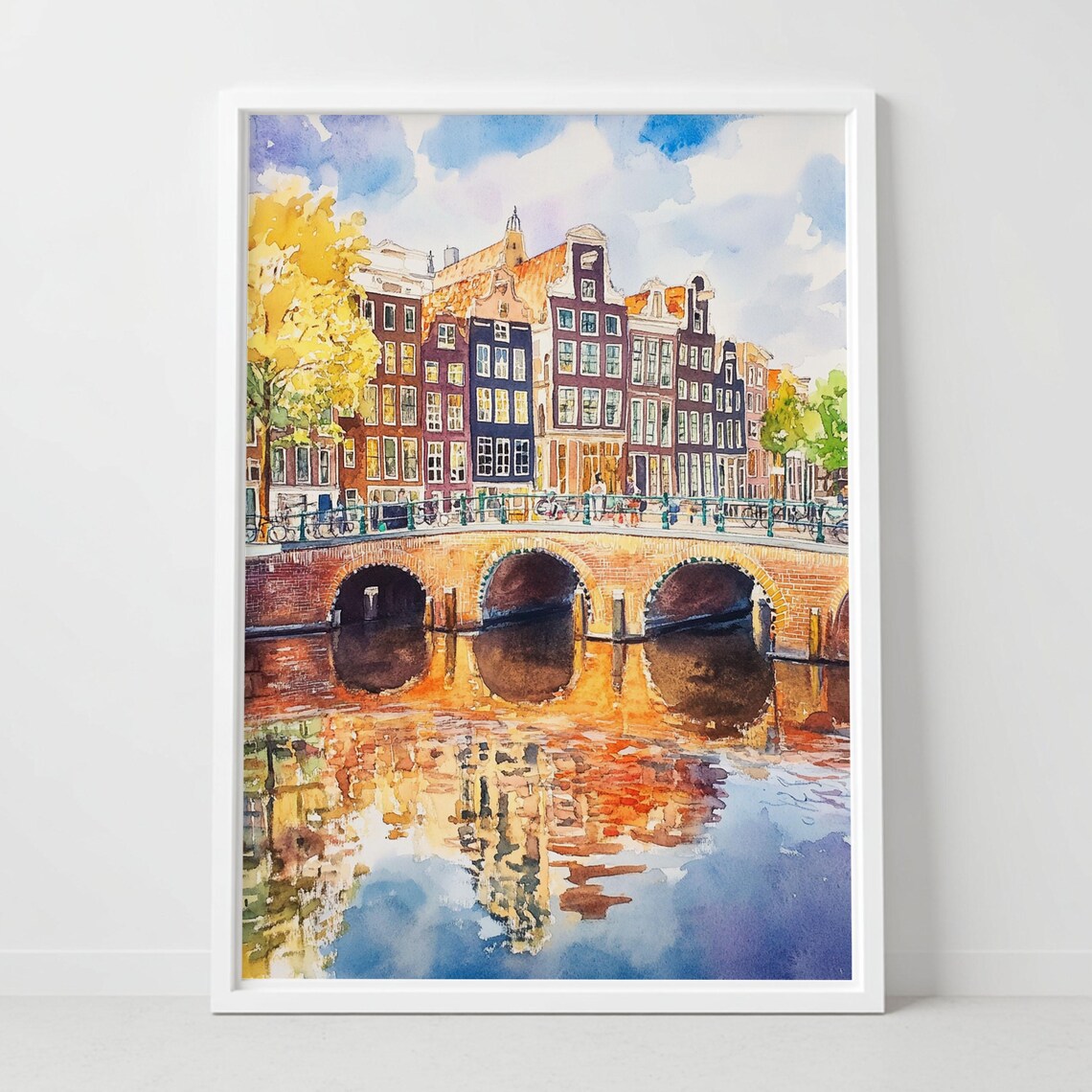 Amsterdam Canal Brick Bridge Gabled Houses Watercolor Poster