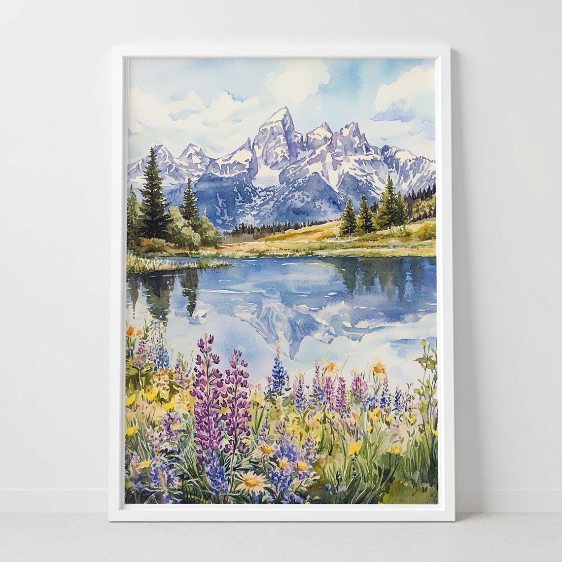 Grand Teton National Park Wildflower Lake Reflection Watercolor Print
