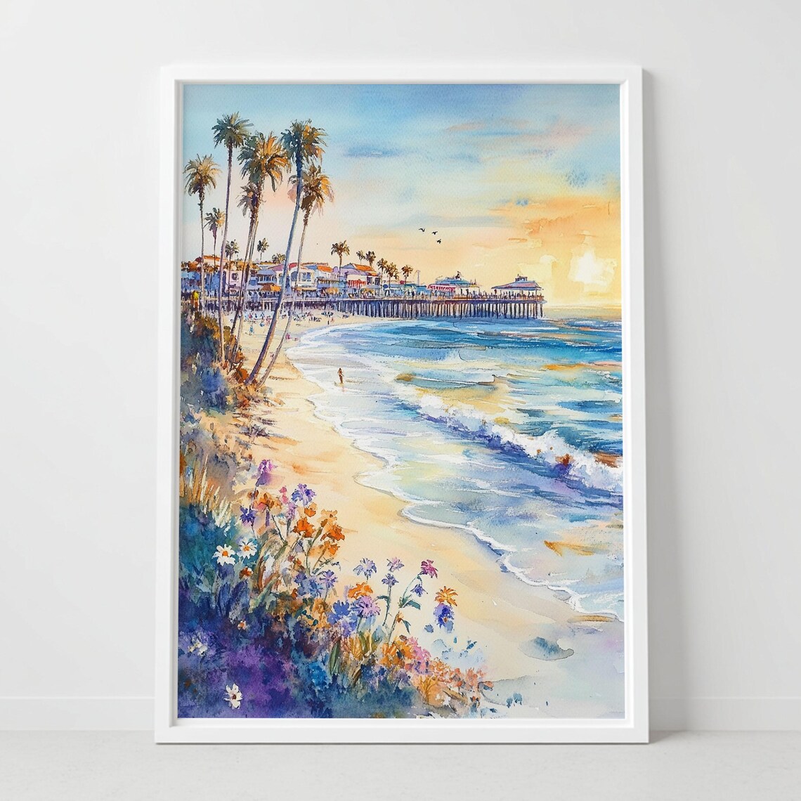 Redondo Beach California Pier Sunset Watercolor Coast Poster