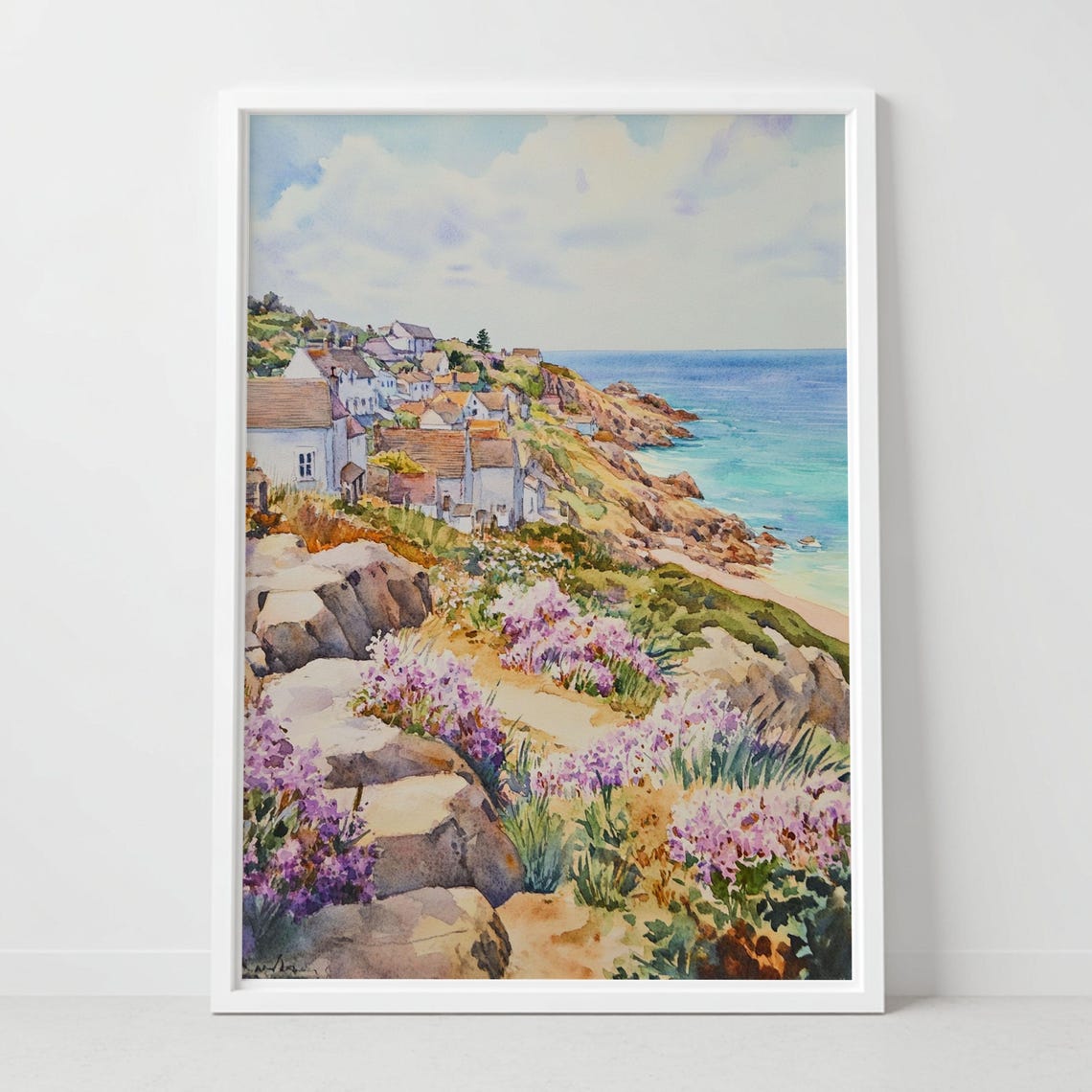 St Agnes Cornwall Coastal Village Cliff Heather Watercolor Art Poster