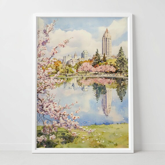 Oakland California Cherry Blossom Lake Skyline Spring Watercolor Poster