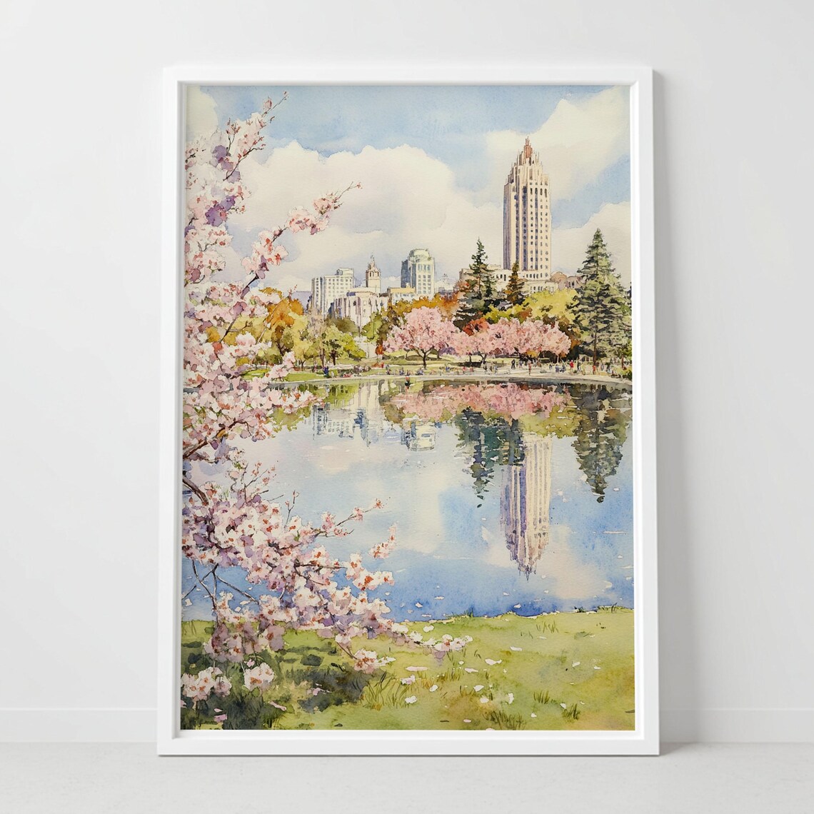 Oakland California Cherry Blossom Lake Skyline Spring Watercolor Poster