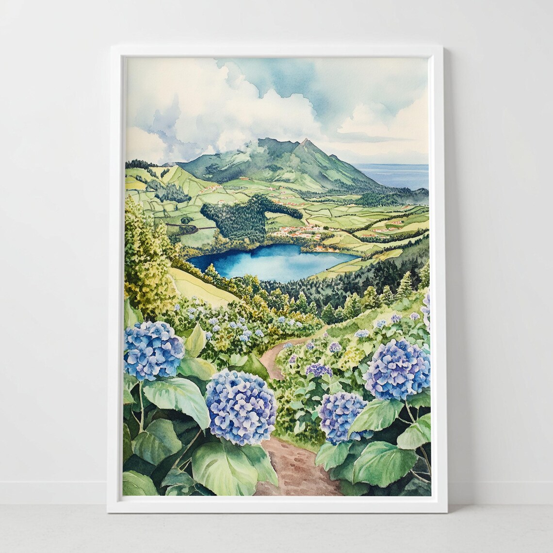 Azores Portugal Crater Lake Blue Hydrangeas Watercolor Travel Poster