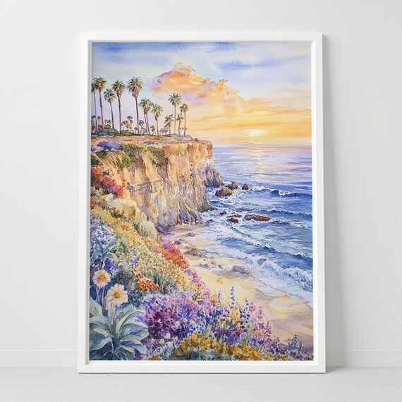 Sunset Cliffs San Diego Ocean Cliff Sunset Watercolor Coastal Poster