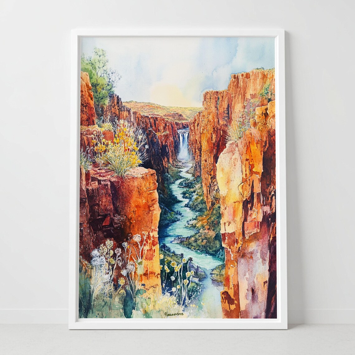 Red Rock Canyon Waterfall Desert River Wildflowers Watercolor Poster