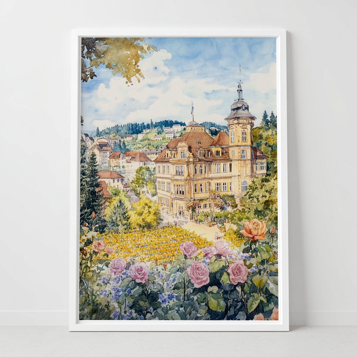 Stuttgart Germany Historic Old Town Watercolor Cityscape With Roses Poster