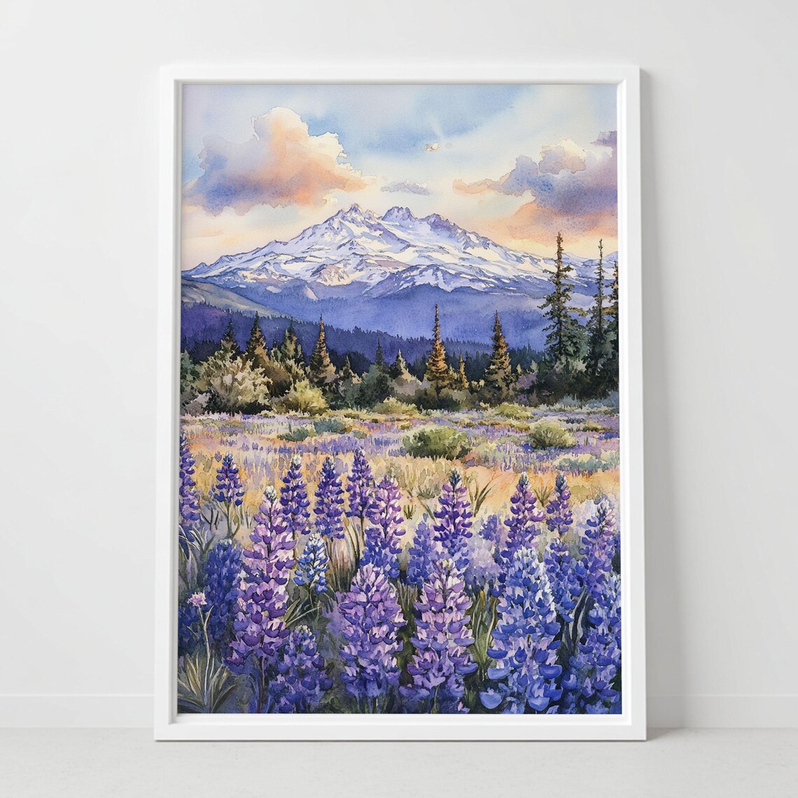 Mount Shasta California Lupine Field Snowy Peak Watercolor Poster Art